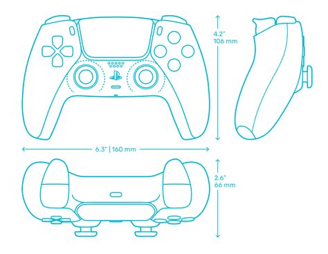 Playstation 5 DualSense Controller Dimensions & Drawings | Dimensions.com Ps5 Design, Orthographic Drawing, Badass Drawings, 3ds Max Tutorials, Hard Surface Modeling, Playstation Controller, Drawing Examples, Model Sheet, New Background Images