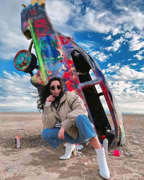 Spring fashion 2021 #cadillacranch #texas #vacation #photoshoot #pose #outfit #dessert Cadillac Ranch Photoshoot, Ranch Photoshoot, Texas Photoshoot, Vacation Photoshoot, Texas Vacation, Amarillo Texas, Photoshoot Pose, Senior Photos, Cadillac