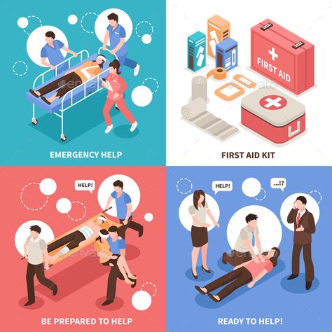 First aid isometric design concept with emergency help, people ready to assistance, medical kit isolated vector illustration First Aid Poster, Science Logo, Tourist Map, Isometric Design, Medical Kit, Life Poster, Esl Teaching, Applied Science, Flat Vector