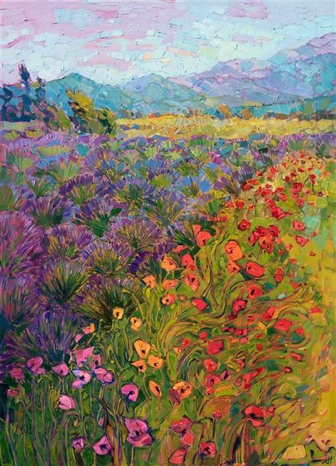 Sequim Washington lavender fields oil painting by modern landscape painter Erin Hanson Sequim Washington, Erin Hanson, Contemporary Impressionism, Arte Van Gogh, Impressionist Art, Lavender Fields, Modern Landscaping, Contemporary Landscape, 그림 그리기