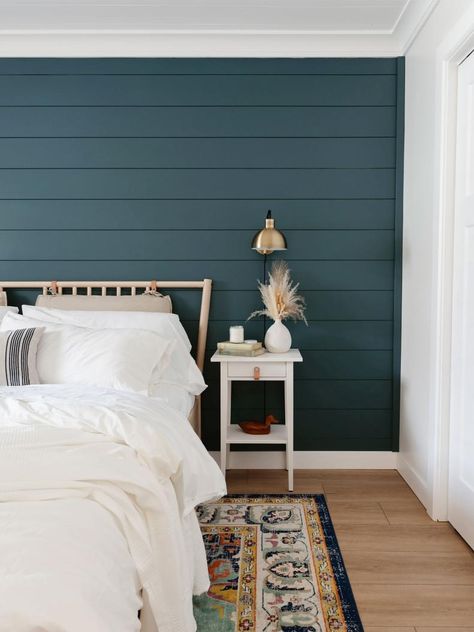 Transitional Bedroom With Teal Shiplap Accent Wall Coastal Bedroom Paint, Coastal Bedroom Paint Colors, French Country Paint Colors, Country Paint Colors, Shiplap Feature Wall, Modern Coastal Bedroom, Teal Accent Walls, Painting Shiplap, Bold Paint Colors