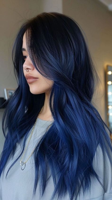 Blue Jeans Hair Color, Black Hair Blue Highlights Long, Cool Tone Fashion Color Hair, Dark To Light Blue Hair, Blue Jean Hair, Denim Blue Hair Color, Blue Hair Inspo Color, Blue Hair Black Roots, Dark Blue Dyed Hair