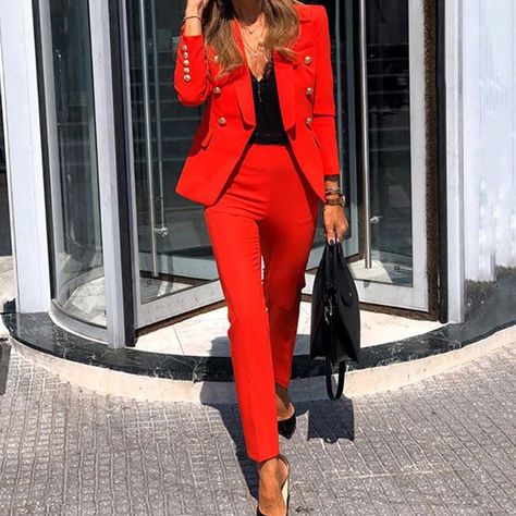 Winter Office Wear, Casual Chique Stijl, Winter Office, Work Blazer, Casual Chique, Traje Casual, Red Suit, Blazer Set, Casual Suit