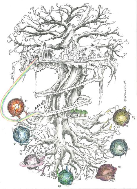 NORSE Mythological home of Thor and Odin, Asgard, and the nine realms all connected by the Tree of life, Yggdrasil (and don't forget the rainbow bifrost!). Fantasy ink design, inkwash illustration and water colour pencils #thor #odin #norsemythology #inkillustrations #norseart #inktree #treedesign Norse Tree Of Life, Thor Asgard, Yggdrasil Tattoo, Tree Of Life Meaning, The Nine Realms, Nine Realms, Norse Mythology Tattoo, Small Wave Tattoo, Yggdrasil Tree