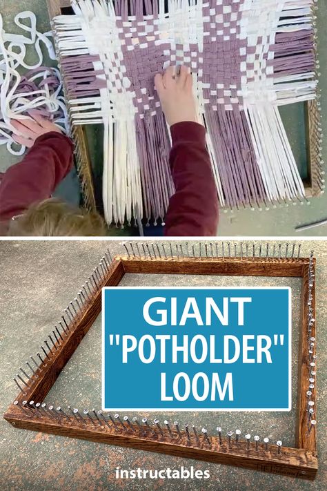 SusanLand created a giant "potholder" weaving loom out of pallet wood and nails. #Instructables #reuse #upcycle #woodworking #crafts Potholder Rug Diy, Potholder Loom Projects, Loomed Potholders, Loom Potholder Patterns, Peg Loom Weaving, Potholder Loom Patterns Free, Diy Potholder Loom, Hot Pads Diy, Pot Holder Loom Projects