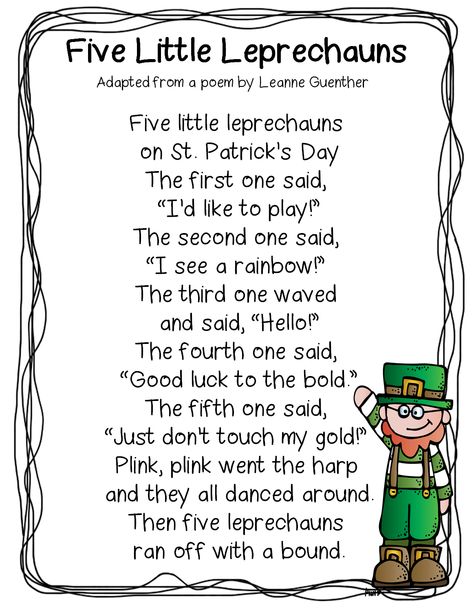 5 Little Leprechauns Song, March Poems For Kids, St Patty's Day Activities For Kids, St Patricks Day Songs, St Patricks Activities, March Lesson Plans, Sant Patrick, March Lessons, Music For Toddlers