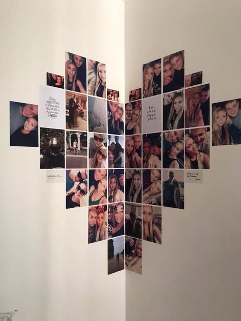 Pic Heart Collage, Photo Wall Design Ideas Bedroom, Heart Photo Collage Wall Corner, Heart Pic Collage On Wall, Photo Wall Collage Bedroom Heart, Photo Wall Asthetic Ideas, Photo Wall Collage Heart Shape, Friend Photo Wall Collage Bedroom, Heart Shaped Photo Wall