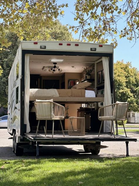 A toy hauler garage to bedroom conversion with a patio space Garage Into A Bedroom, Garage Bedroom Conversion, Garage Nursery, Best Small Rv, Campsite Decorating, Toy Hauler Trailers, Rv Patio, Toy Hauler Travel Trailer, Rv Inspiration