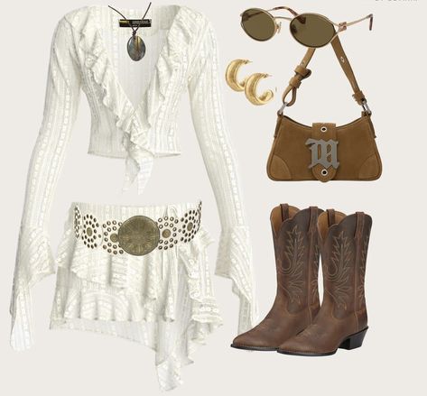 Country Bday Outfit, Y2k Coachella Outfits, Y2k Country Outfit, 70s Cowgirl Aesthetic, Railbird Festival, Band Outfits Stage, Gig Fashion, Cowgirl Inspired Outfit, Bad Bunny Concert Outfit