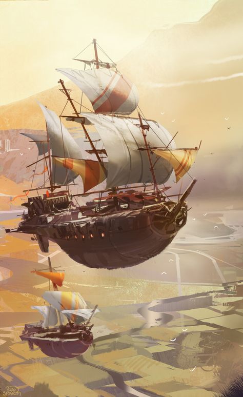 Sky Ship Fantasy Art, Flying Ship Concept Art, Fantasy Flying Ship, Flying Ship Fantasy Art, Fantasy Boat, Spelljammer Ships, Steampunk Ship, Airship Art, Pirate Ship Art