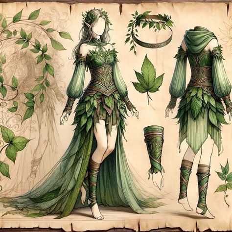 Forest Inspired Clothes, Rennaisance Outfits Winter, Druid Ball Gown, Fairy Elf Outfit, Druid Outfit Aesthetic, Druid Cosplay Woman, D D Character Ideas Druid, Fantasy Aesthetic Drawing, Plant Inspired Outfits