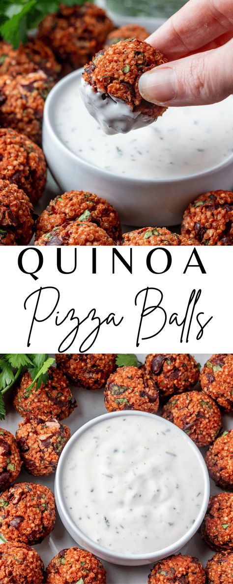 Quinoa Dip, Gluten Free Vegetarian Appetizers, Healthy Football Snacks, Yogurt Ranch Dip, Quinoa Balls, Quinoa Pizza Bites, Vegan Party Snacks, Pizza Balls, Quinoa Snacks