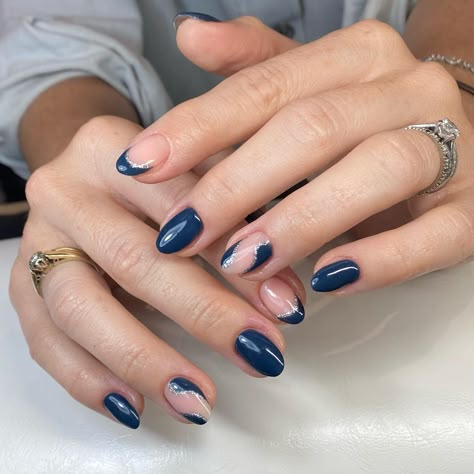 Royal Blue And Silver Nails, Navy And Silver Nails, Navy Blue Nail Designs, Dance Nails, Blue Stiletto Nails, Blue Prom Nails, Blue And Silver Nails, Hoco Nails, Silver Nail Designs