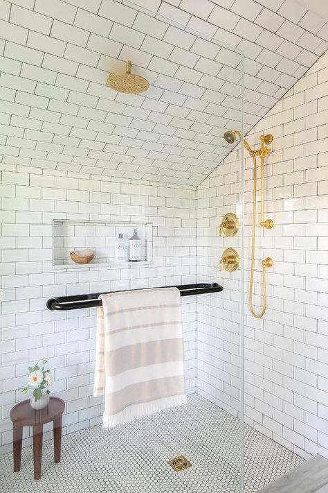 White Hexagon Tile Floor, Sloped Wall, Tile Shower Niche, White Hexagon Tiles, Subway Tile Design, Ceiling Shower Head, Blue Tile Wall, Hexagon Tile Floor, Glass Shower Doors Frameless