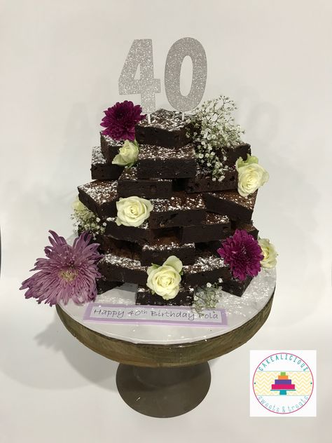 Brownie Tower Ideas, Brownies Birthday Cake Ideas, Popcorn Brownies, Tower Birthday Cake, Brownie Wedding Cakes, Brownie Tower, Brownie Birthday, Brownie Cakes, Decorated Brownies