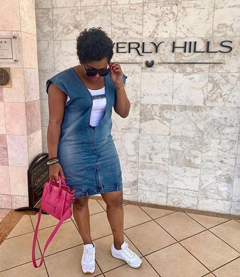 Denim Dress And Sneakers Outfit, Jean Dress Outfit Black Women, Jean Dress Outfit, Dress Outfit Black Women, Jeans Dress Outfit, Dress And Sneakers, Dress And Sneakers Outfit, Outfit Black Women, Jean Fashion