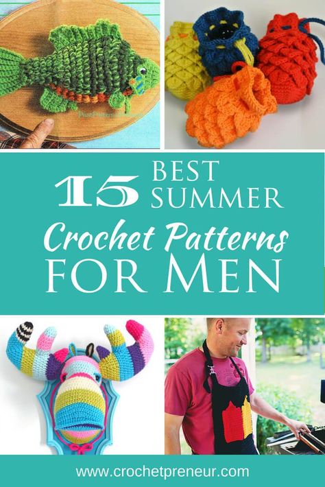 These are awesome! Finally some summer craft fair projects for men. #summercrochet #crochetpatternsforsummer #crochetpatternsformen #fathersday #fathersdaycrochet #summercrochetformen Crochet Patterns For Men, Summer Crochet Projects, Summer Crochet Patterns, Corak Krusye, Summer Crochet Patterns Free, Crochet Projects To Sell, Crochet Project Free, Easy Crochet Projects, Quick Crochet