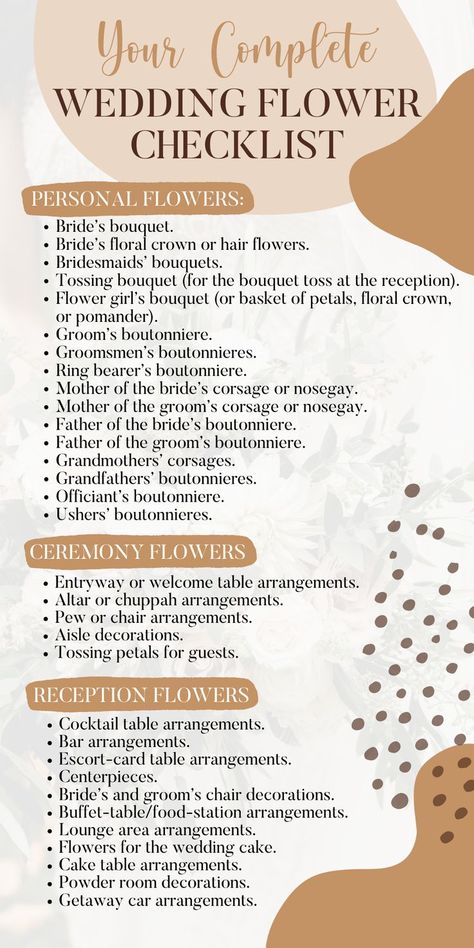 Flower checklist for wedding flower arrangements What All Do You Need For A Wedding, List Of Wedding Flowers Needed, List Of Flowers Needed For Wedding, Wedding Decor Checklist Detailed, How To Save For A Wedding, Cheap Wedding Hacks, How To Diy Wedding Flowers, Backyard Wedding Checklist, Wedding Flower Checklist