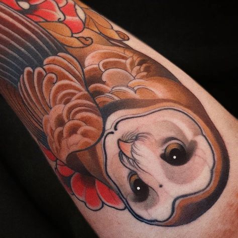 Neo Traditional Pet Tattoo, Neotrad Owl Tattoo, Neotrad Animal Tattoo, Neo Traditional Animals, Barn Owl Tattoo Design, Neotraditional Owl Tattoo, Neo Traditional Owl Tattoo, Neo Traditional Owl, Farm Tattoo