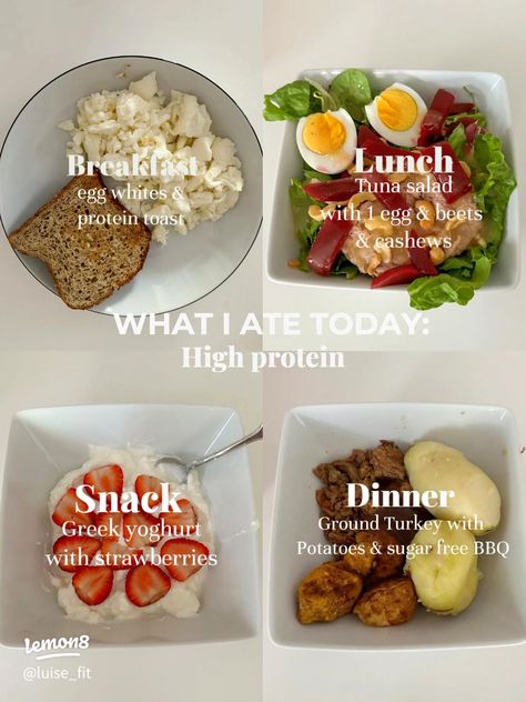 High Protein Meal Inspo!! | Gallery posted by Luise Börner | Lemon8 Dinner Healthy Aesthetic, Diet Breakfast Aesthetic, Toast With Greek Yogurt, Egg And Yogurt Breakfast, Healthy Tuna Breakfast, Aesthetic Healthy Breakfast Ideas, Healthy Egg Breakfast Aesthetic, Eggs And Yogurt, Healthy Toast Aesthetic