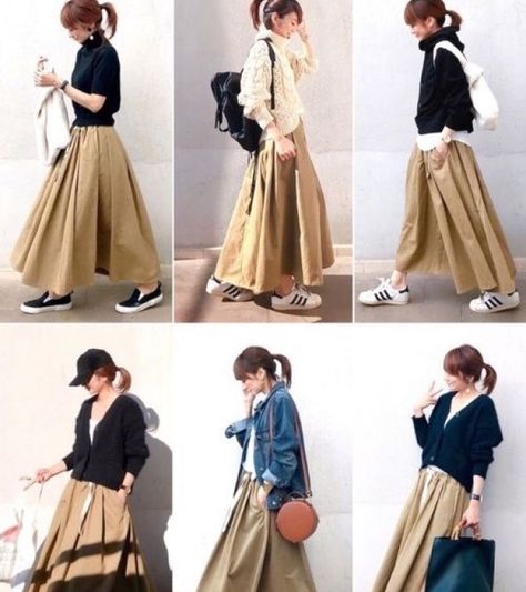 Japanese Fashion Women, 여름 스타일, Maxi Skirt Outfits, Women Fashion Edgy, Korean Fashion Trends, Long Skirts, 가을 패션, Japan Fashion, Korean Street Fashion