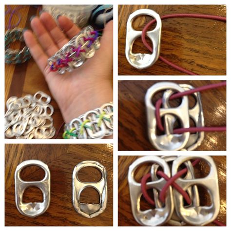 Soda tab bracelet!  24 or 26 tabs and 2 ft. 8in elastic cord.  Start with top then bottom then top till its done.  Always have the rough sides facing each other. Tie and trim the excess cord when done. Can Tab Bracelet, Soda Tab Bracelet, Pop Tab Purse, Pop Tab Bracelet, Lon Bia, Soda Tab Crafts, Pop Can Tabs, Can Tab Crafts, Pop Tab Crafts