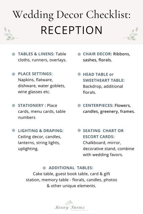 Don't forget a thing with this ultimate wedding reception decor checklist. These list out all the decor items you will need for a wedding reception. Read the full post to learn more and also grab the wedding reception decor checklist too! We are here to make wedding planning as easy as possible so that you have a stress free wedding! Simple Wedding Reception Decorations Table, Reception List For Wedding, Wedding Reception Decor Checklist, Miscellaneous Wedding Things, What Tables Do You Need At A Wedding, Reception Diy Decorations, Decor List For Wedding, Wedding Reception List, Wedding Decor Essentials