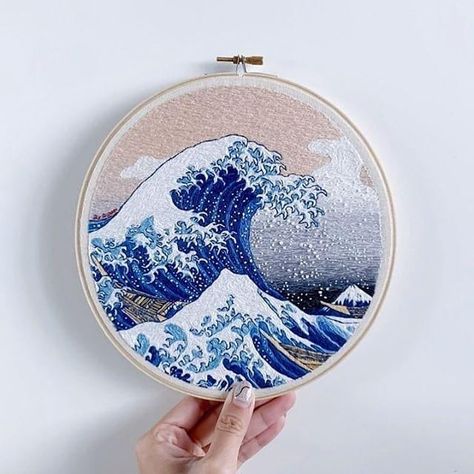 Owl Embroidery, Modern Embroidery Kit, Denim Embroidery, Embroidery Sampler, The Great Wave, Diy Embroidery Patterns, Great Wave Off Kanagawa, Embroidered Art, Thread Art