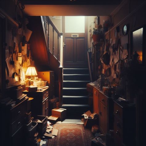 A split-level entryway, narrow and cluttered home decor inspiration give a sense of mystery in the stillness 🌑🕯️🔮 Image made with AI #digitalart #aiart #cluttercore #homeinterior #interiordesign Cluttered House Aesthetic, Cluttered Apartment, Clutter Aesthetic, Cluttercore Aesthetic, Cluttered Home, Entryway Narrow, Split Level Entryway, Split Level, Bed Room