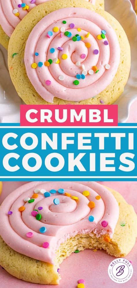 Crumbl Confetti Cookies (copycat recipe) - Belly Full Crumbl Vanilla Bean Cookie, Confetti Crumb Cake Cookies, Crumble Confetti Cookie, Crumbl Confetti Cookie Copycat, Crumbl Cookie Copycat Cake Batter Blondie, Crumbl Confetti Cookies, Crumble Cookie Frosting Recipe, Crumbl Cookies Copycat Recipe, Crumbles Copycat Cookies