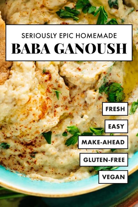 The BEST baba ganoush recipe, made with oven-roasted eggplant, tahini, olive oil, lemon juice and garlic! No food processor necessary! #cookieandkate #veganrecipe #babaganoush #dip #healthyrecipe Baba Ganoush Recipe Authentic, Babaganoush Recipe Authentic, Best Baba Ganoush Recipe, Easy Baba Ganoush Recipe, Eggplant Tahini, Baba Ghanoush Recipe, Baba Ganoush Recipe, Oven Roasted Eggplant, Babaganoush Recipe