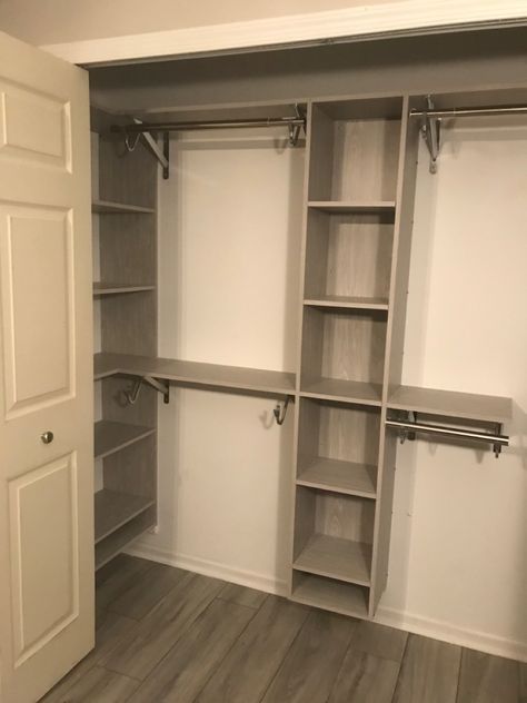 Utilize every inch of that tiny space Small Walk In Closet Remodel Diy, Deep Side Closet Organization, Diy Closet For Small Spaces, Tiny Home Bedroom Closet, Split Closet Ideas, Closet Building Ideas, Small Narrow Walk In Closet Ideas Layout, Closet Ideas With Dresser Inside, Narrow Hallway Closet Ideas