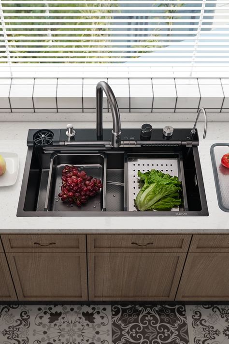 Gleton | Smart Workstation Kitchen Sink with Adjustable Waterfall Fauc Smart Sink, Waterfall Faucet, Faucet Accessories, Bathroom Solutions, Kitchen Equipment, Shower Systems, Ambient Lighting, Kitchens Bathrooms, Kitchen Sink