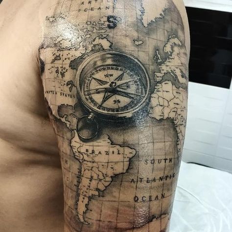 World Map Tattoo Sleeve, Map Tattoo Design, Sea Tattoo Sleeve, Ship Tattoo Sleeves, Navy Tattoos, World Map Tattoos, Map Tattoo, Cool Half Sleeve Tattoos, Nature Tattoo Sleeve