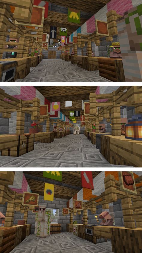 Market place build in survival for villagers with all professions #minecraft Minecraft Villager Market Ideas, Cute Minecraft Market, Villager Marketplace Minecraft, Villager Shops Minecraft, Villager Trading Room Minecraft, Minecraft Village Protection, Minecraft Villager Breeder Design, Minecraft Survival Village Ideas, Minecraft Trader House