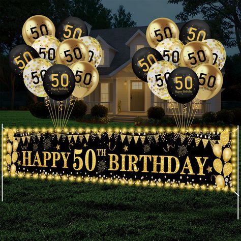 PRICES MAY VARY. 🖤Black Gold Birthday Decor: The 50th birthday banner measures 118 x 19.6 inches and is designed with the words "HAPPY 50th BIRTHDAY", paired with build in lights, this black and gold 50th birthday decorations will make your party eye-catching and wonderful. The Black and Gold Happy 50th Birthday Banner Yard Signs make your 50th birthday party elegant and add to the ambience for photos of you and your friends ✨50th Birthday Decorations set: You will get a black and gold 50th bir Husbands 50th Birthday Ideas, 50 Th Birthday Party Ideas For Men, 50th Birthday Ideas For Men, 50th Birthday Husband, Birthday Party Decorations For Men, 50th Birthday Party Themes, 50th Birthday Party Ideas For Men, 50th Birthday Themes, Gold Birthday Banner