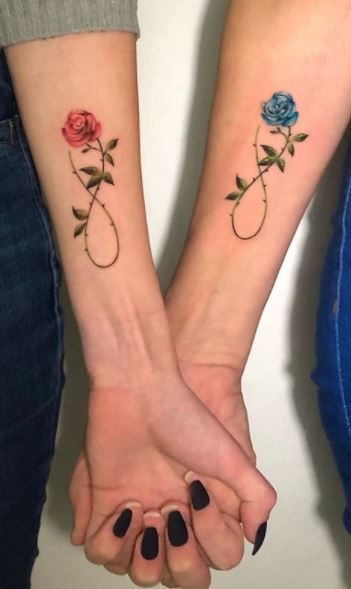 50 Trendy Sister Tattoos, Ideas, & Meanings - Tattoo Me Now Sister Arm Tattoos, Best Friend Tattoos With Flowers, Sister Tattoos With Flowers, Tattoo For Sister In Law, Classy Sister Tattoos, Tattoo Of Sisters, Friendship Wrist Tattoos, Sister Tattoos For 6 Sisters, Sister Floral Tattoo