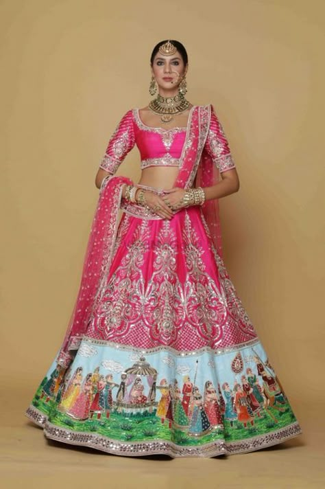 Hot pink hand painted lehenga by Neeta Lulla Sabyasachi Suits, Chania Choli, Brocade Suits, Lehenga Top, Pink Bridal Lehenga, Brocade Lehenga, Heavy Lehenga, Raw Silk Lehenga, Neeta Lulla