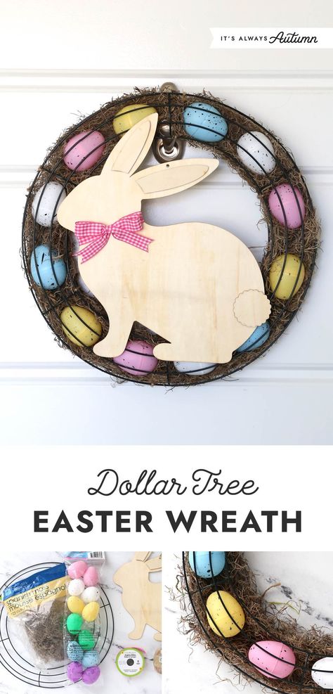 All the supplies for this cute Easter wreath come from Dollar Tree! Learn how to make one in under an hour. Easter Grave Decorations Diy, Dollar Tree Bunny Crafts, Dollar Tree Easter Wreath, Dollar Tree Easter Decor, Bunny Wreath Diy, Easter Crafts Dollar Store, Dollar Tree Easter Crafts, Easy Decorations, Dt Crafts