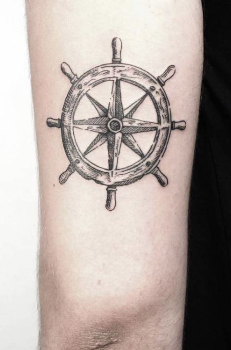 Pirate Compass Tattoo, Helm Tattoo, Ship Wheel Tattoo, Pirate Ship Wheel, Pirate Compass, Skull Butterfly Tattoo, Compass Tattoo Men, Ship Helm, Wheel Tattoo