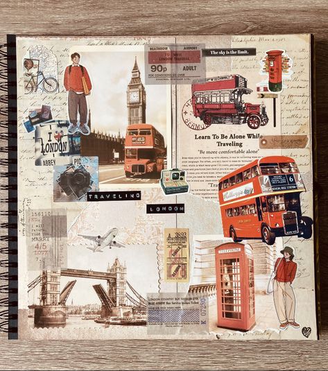 Scrapbook Ideas London, London Journal Travel Scrapbook, London Travel Journal Ideas, London Journal Ideas, Retro Scrapbook Ideas, London Scrapbook Ideas, London Travel Journal, Vintage Travel Aesthetic, Vintage Travel Journal