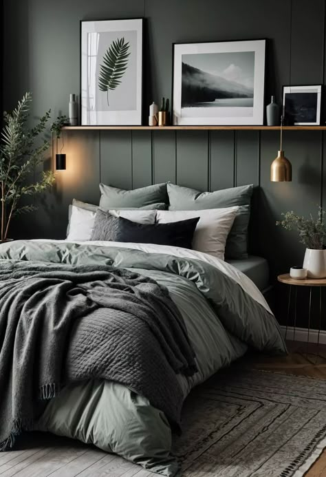 29 Sage Green and Grey Bedroom Ideas: Chic Decor 26 Natural Bedroom Design Ideas, Master Bedrooms Decor Cozy Sage Green, Sage Green And Charcoal Bedroom, Dark Green Bedroom Walls Ideas, Sage Room Decor Aesthetic, Dark Grey Bed Bedroom, Bedrooms With Grey Furniture, Grey Bedroom Wall Ideas, Grey Sheets Bedroom Ideas