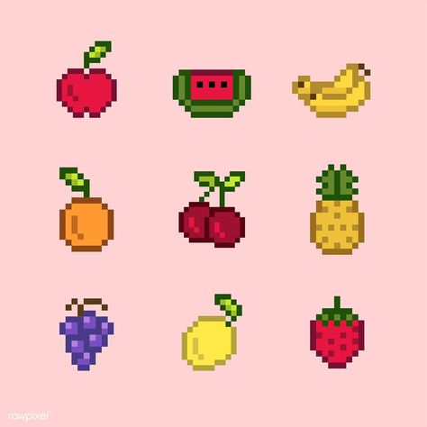 Collection of mixed pixelated fruits | free image by rawpixel.com Pixel Art Animals, 8bit Art, Pix Art, Pixel Art Design, Pixel Pattern, Pixel Art Pattern, Perler Bead Art, Fruit Art, Perler Bead Patterns