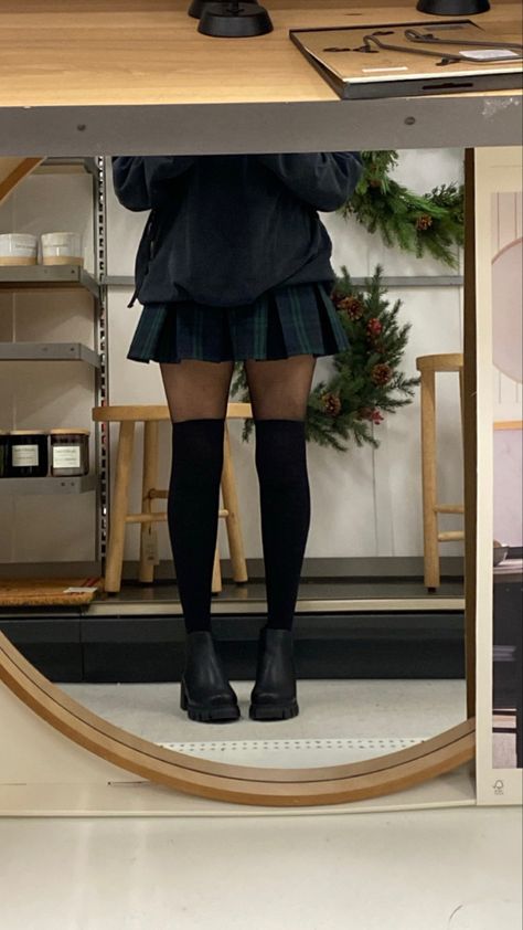 Stockings With Socks Outfit, Tights With Knee High Socks, Long Socks Winter Outfit, Knee High Socks With Loafers, Knee High Stockings Outfit Skirts, Black Knee High Socks Outfit Aesthetic, Skirt With Thigh High Socks Aesthetic, Tall Black Socks Outfit, Knew High Socks Outfit