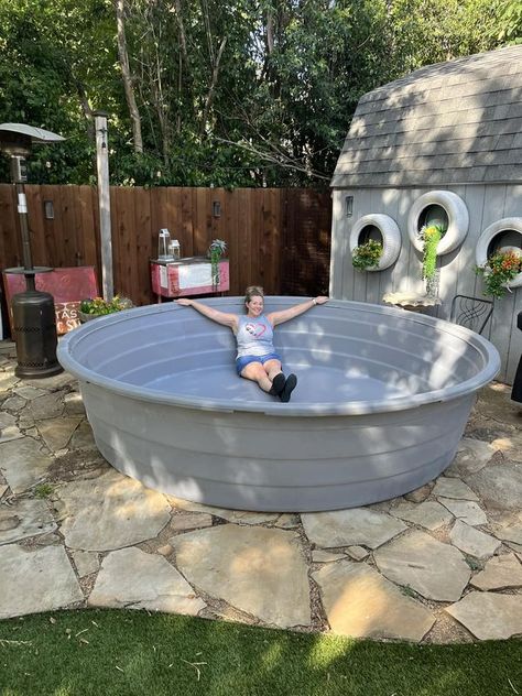 Stock Tank Pools | Got my baby today | Facebook Tin Pool Ideas, Metal Pool Galvanized, Stock Pool Landscaping, Poly Tank Pool, Stock Tank Pool Cover Ideas, Pool Set Up Ideas, Stock Tank Fountain, Diy Stock Tank Pool Ideas, Small Pool Ideas On A Budget