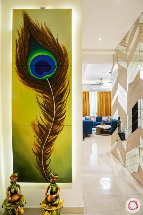 3 bhk flat-home entrance-foyer-wall painting-peacock feather painting Wallpaper For Drawing Room Walls, Back Painted Glass Wall, Hall Wall Painting Ideas, Unique Wall Paint Designs, Wallpaper For Hall, Mirror Washbasin, Entrance Painting, Foyer Wall, Hall Wallpaper