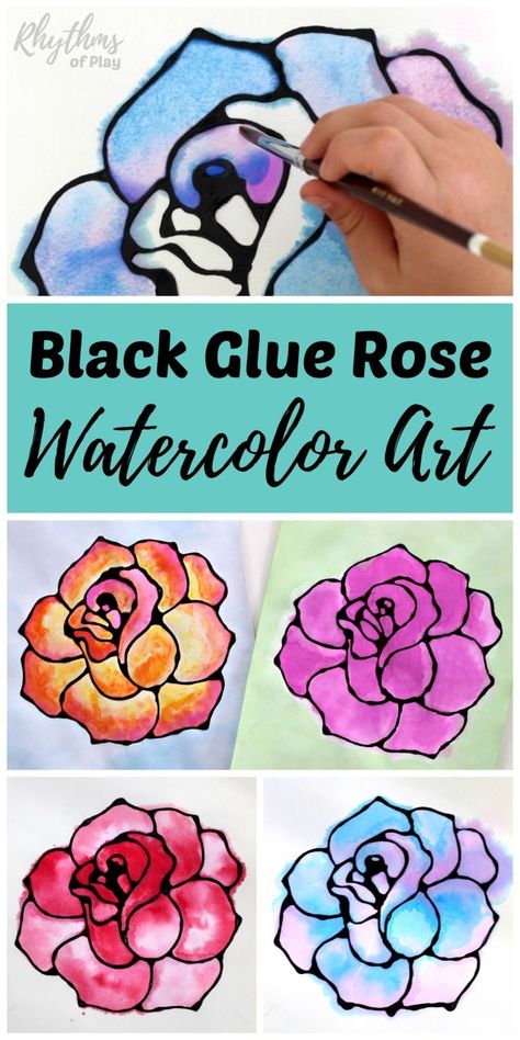 Black glue rose watercolor resist art project. A fun and easy spring and summer flower painting idea for kids, teens, and adults. The tutorial includes how to make black glue and basic beginning watercolor techniques to use for inspiration. Makes a simple and beautiful Mother's day gift idea! Resist Art, Watercolor Resist, Beginning Watercolor, Black Glue, Glue Art, Art Project For Kids, Easy Flower Painting, Art Projects For Teens, Rose Watercolor