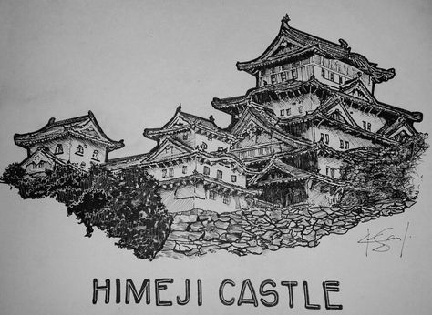 HIMEJI CASTLE -PEN AND INK Himeji Castle Drawing, Japanese Castle Drawing, Castle Sketch, Castle Drawing, Himeji Castle, Japanese Castle, Architectural Art, Asian Architecture, Design Sketch