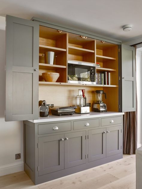 Dormans Park – Grey Painted Kitchen with Wine Storage Room – Higham Furniture Breakfast Cupboard, Dream Breakfast, Grey Painted Kitchen, Double Island Kitchen, Ultimate Breakfast, Dresser Design, Kitchen Dresser, Kitchen Pantry Design, Kitchen Room Design