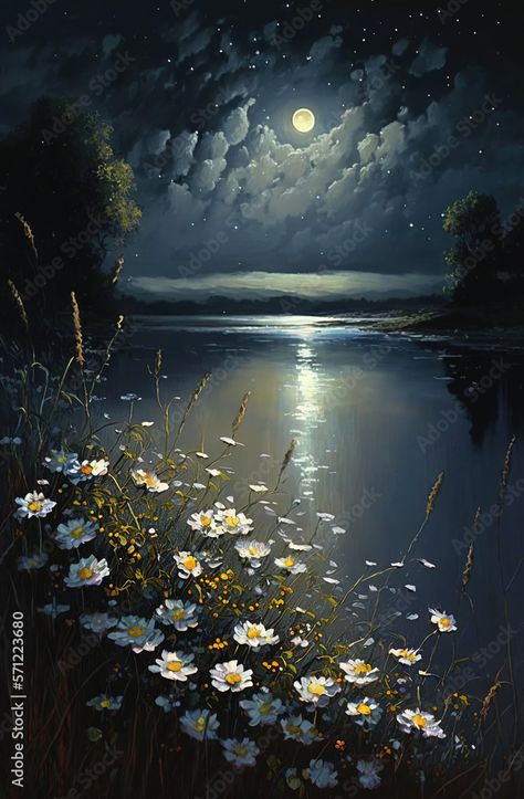 Night Flowers Painting, Flower Valley Painting, Flowers At Night Painting, Night Garden Painting, Lake At Night Painting, Landscape Paintings Night, Night Painting Moonlight, Flower Field At Night, Moonlight Acrylic Painting